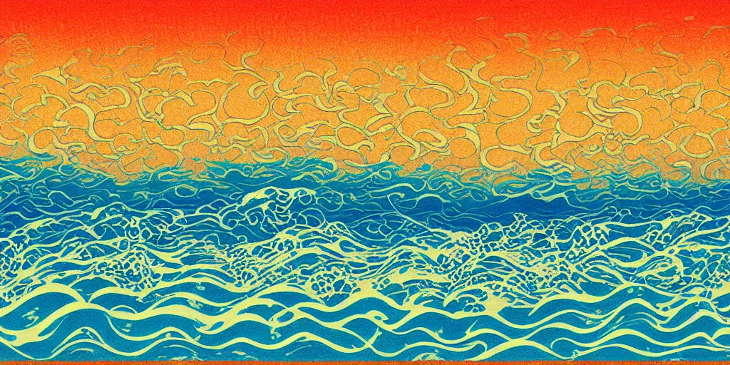 Image similar to Beautiful Impressionistic painting of an aesthetically pleasing, dynamic, energetic, lively, complex, intricate, detailed, well-designed digital art of a beach, ripples, waves, sea foam, and sunset. light and shadow, overlaid with aizome patterns, Shin-hanga style by Ohara Koson and Makoto Shinkai, traditional Japanese colors, superior quality, masterpiece, featured, trending, award winning, HDR, HD, UHD, 4K, 8K, anamorphic widescreen, cinematic, super high quality art, excellent use of negative space.