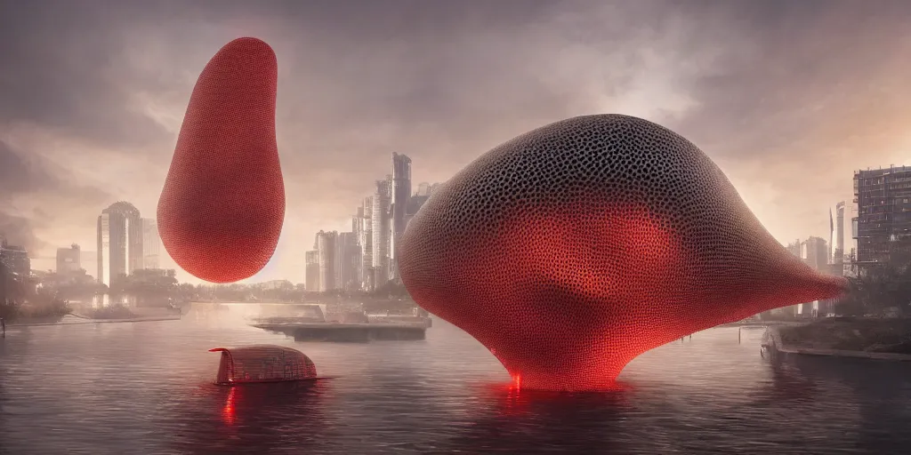 Image similar to An epic architectural rendering of a blob shaped trypophobia house with a mysterious red glow emitting from inside in a modern cityscape next to a river, by Zaha Hadid and Greg Rutkowski, tunning, gorgeous, golden ratio, photorealistic, featured on artstation, 4k resolution