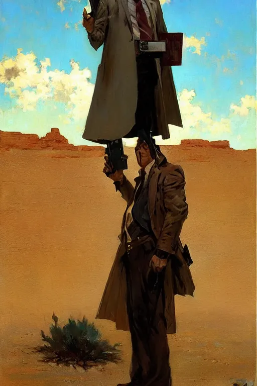 Image similar to saul goodman at a lonely!!!! pay phone in the desert!!!!, painting by'phil hale '!!! gaston bussiere, craig mullins, greg rutkowski, alphonse mucha, lady liberty