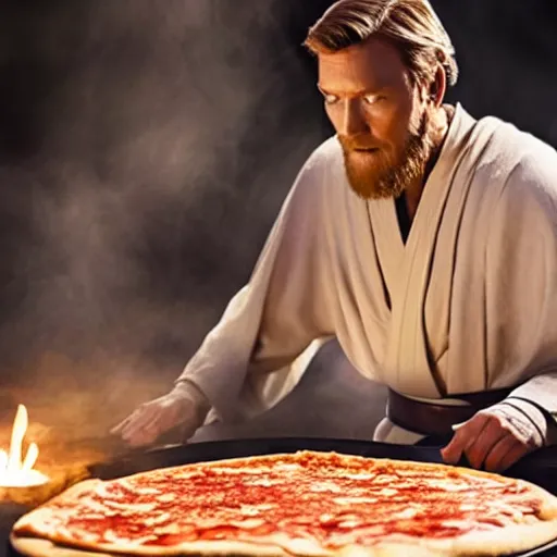 Image similar to A still of Obi-Wan Kenobi making a pizza, 4k, photograph, ultra realistic, highly detailed, professional lighting