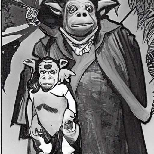 Image similar to baby gamorrean guard being looked after by tom baker dr who, alphonse mucha