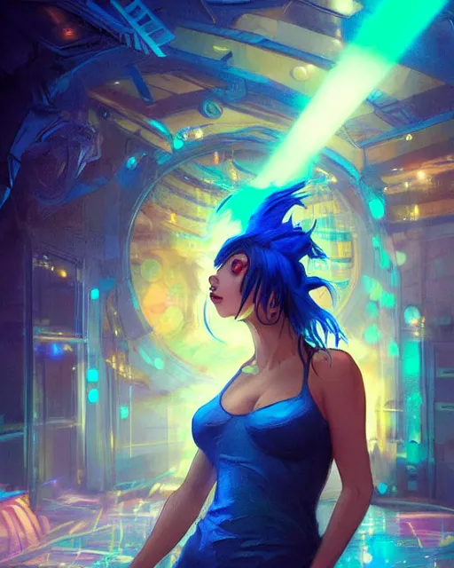 Image similar to pretty girl with blue hair, dj girl, in a club, laser lights background, sharp focus, digital painting, 8 k, concept art, art by wlop, artgerm, greg rutkowski and alphonse mucha