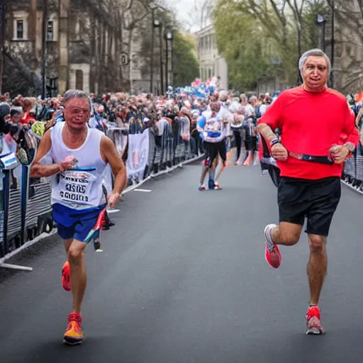 Image similar to Viktor Orban and Ferenc Gyurcsany running a marathon together, 8k, award winning photography, high quality