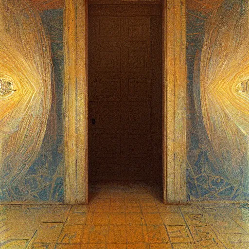 Image similar to a painting of a doorway in a building, a raytraced image by Mikalojus Konstantinas Čiurlionis, polycount, metaphysical painting, hall of mirrors, egyptian art, concept art