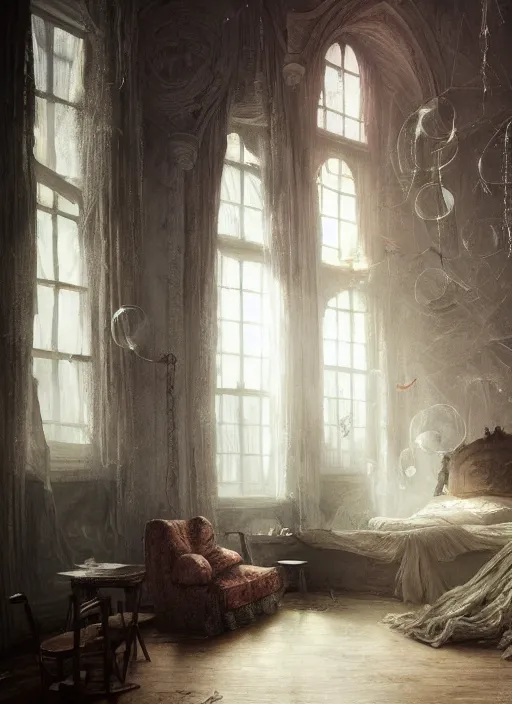 Image similar to a dreary bedroom that blends with fantastical scenes of dreams, dreams invading mundane spaces, fantasy infiltrating reality, bubbles of the impossible, swirls of magic, 8k, ultradetailed, illustrated by Greg Rutkowski and Caspar David Friedrich.