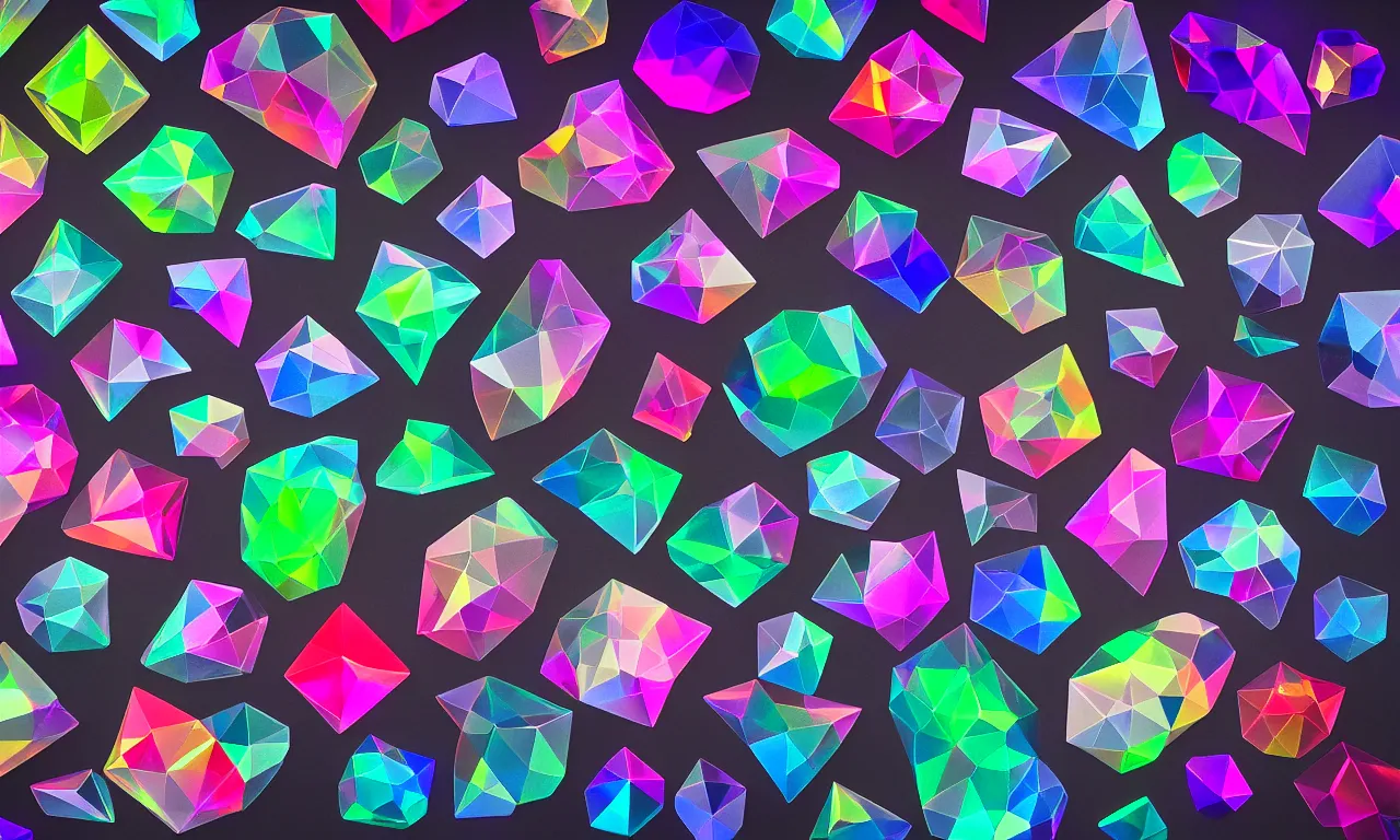 Prompt: material study, geometric shape holographic gemstones, translucent, fluorescent, glowing, beautiful, low light, colorful, sharp focus, highly detailed, 4 k, black background