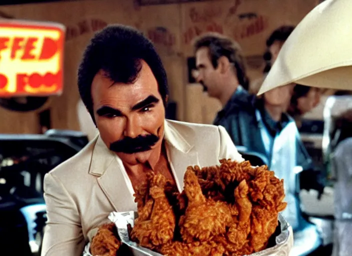 Image similar to film still of burt reynolds holding a bucket of fried chicken in cannonball run 1 9 8 2