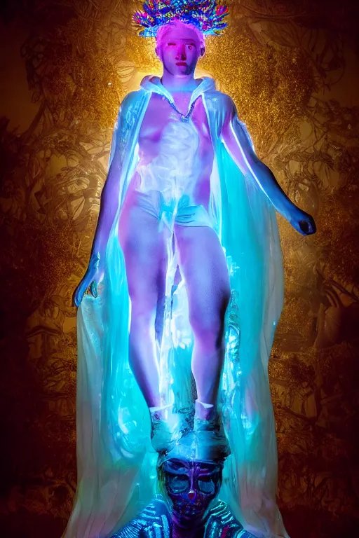 Image similar to full-body rococo and cyberpunk delicate neon crystalline sculpture of ((muscular albino prince Nick Jonas)) as an iridescent humanoid deity wearing a thin see-through ((plastic hooded cloak)) sim roupa (holding a human skull), reclining con (((las piernas abiertas))), glowing pink face, crown of (white lasers), large diamonds, swirling black silk fabric. futuristic elements. oozing glowing liquid, full-length view. space robots. intricate artwork by caravaggio. Trending on artstation, octane render, cinematic lighting from the right, hyper realism, octane render, 8k, depth of field, 3D