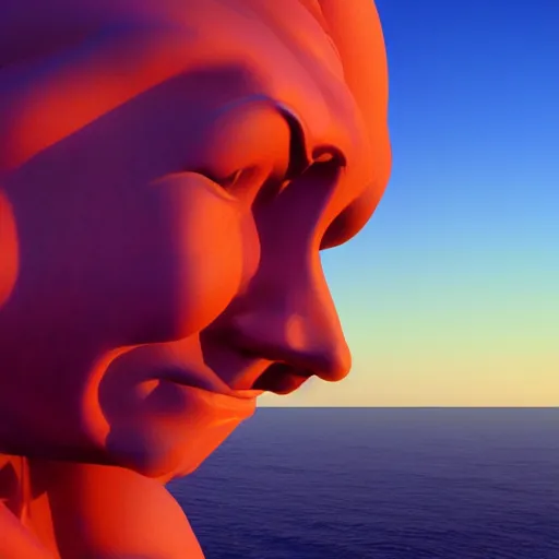 Prompt: giant blue statue face, flying, man, octane render, water, orange sky moebius by jean giraud