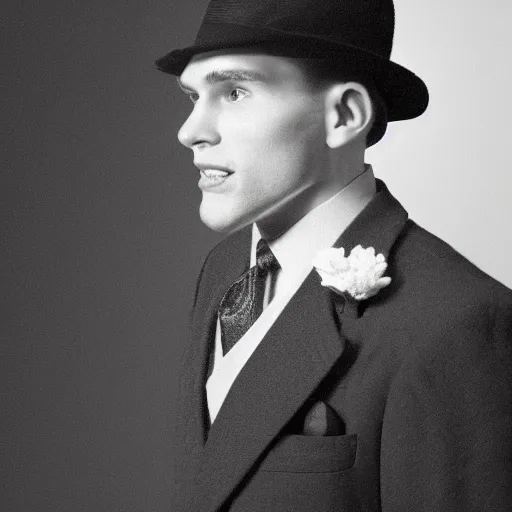 Image similar to A photograph portrait of Jerma985 wearing a suit with and fedora in the 1940s, taken in the early 1940s, grainy, taken on a 940s Kodak Camera, realistic, hyperrealistic, very realistic, highly detailed, very detailed, extremely detailed, detailed, digital art, trending on artstation