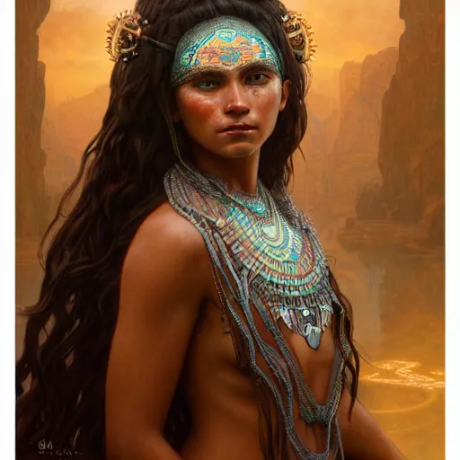 Prompt: portrait of an aztec rain goddess, with white skin, glowing eyes, intricate, elegant, highly detailed, digital painting, artstation, concept art, smooth, sharp focus, illustration, art by artgerm and greg rutkowski and alphonse mucha and william - adolphe bouguereau