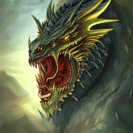 Prompt: sensual warrior into a giant dragon head with opened mouth, fantasy, highly detailed face, artwork, digital art