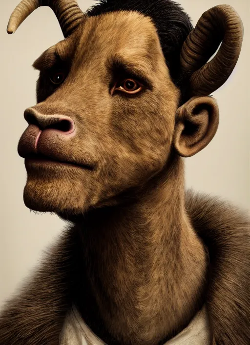 Prompt: anthropomorphic portrait of half goat will smith, au naturel, hyper detailed, digital art, trending in artstation, cinematic lighting, studio quality, smooth render, unreal engine 5 rendered, octane rendered, art style by klimt and nixeu and ian sprigger and wlop and krenz cushart