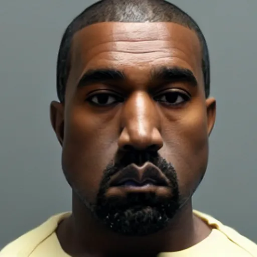 Image similar to mugshot of sad kanye west, prison photo