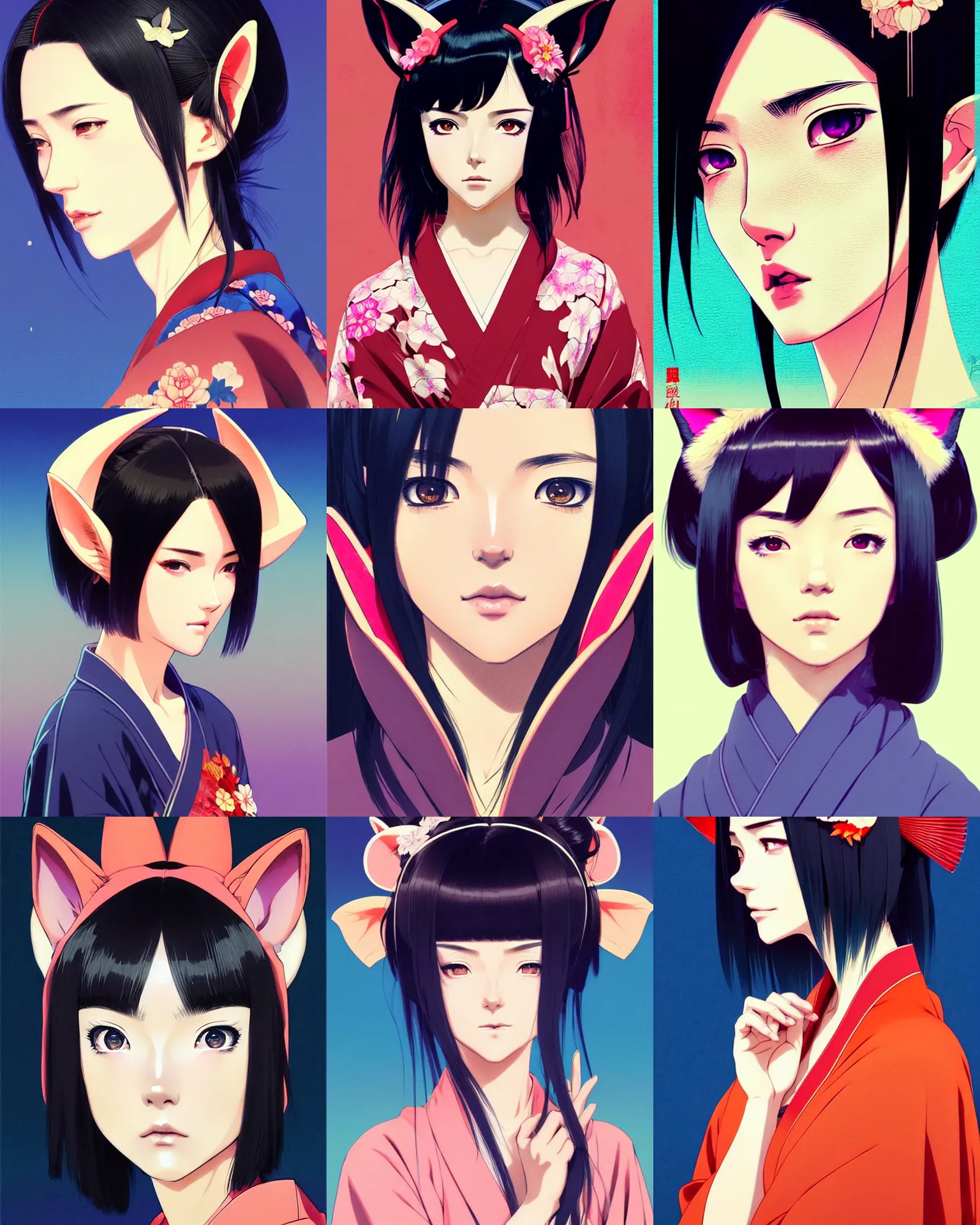 Prompt: A beautiful woman with fox ears in a kimono || cute-fine-face, pretty face, realistic shaded Perfect face, fine details. Anime. realistic shaded lighting poster by Ilya Kuvshinov katsuhiro otomo ghost-in-the-shell, magali villeneuve, artgerm, Jeremy Lipkin and Michael Garmash and Rob Rey