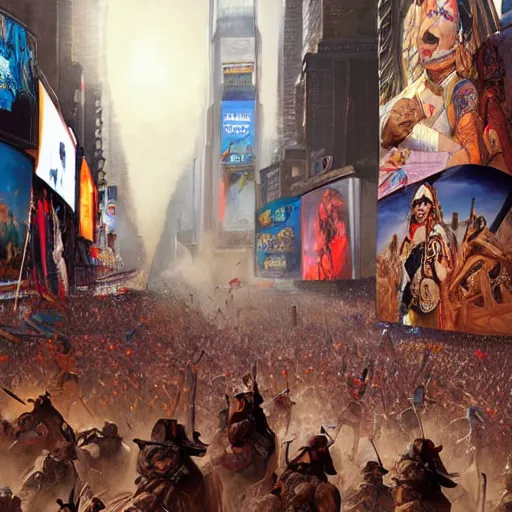 Image similar to A beautiful wide angle cinematic painting of an Indigenous warrior tribe declaring an end to colonizer rule in time square, colonizers demise, intricate detail, ornate, conceptual art, soft light, dynamic, sharp focus, depth of field blur, art by artgerm and greg rutkowski and alphonse mucha