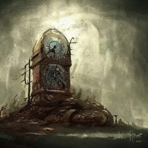 Image similar to an abandoned old,rusty, claimed by nature clock tower in a dark enormous cave, painting, illustration, Concept art, art station, DeviantArt