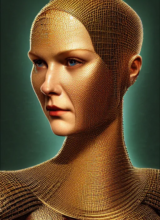 Image similar to hyperrealistic mixed media portrait of a beautiful armored warrior woman, stunning 3d render inspired art by Coles Phillips + perfect facial symmetry + dim volumetric lighting, 8k octane beautifully detailed render, post-processing, extremely hyperdetailed, intricate, epic composition, grim yet sparkling atmosphere, cinematic lighting + masterpiece, trending on artstation, Art Nouveau