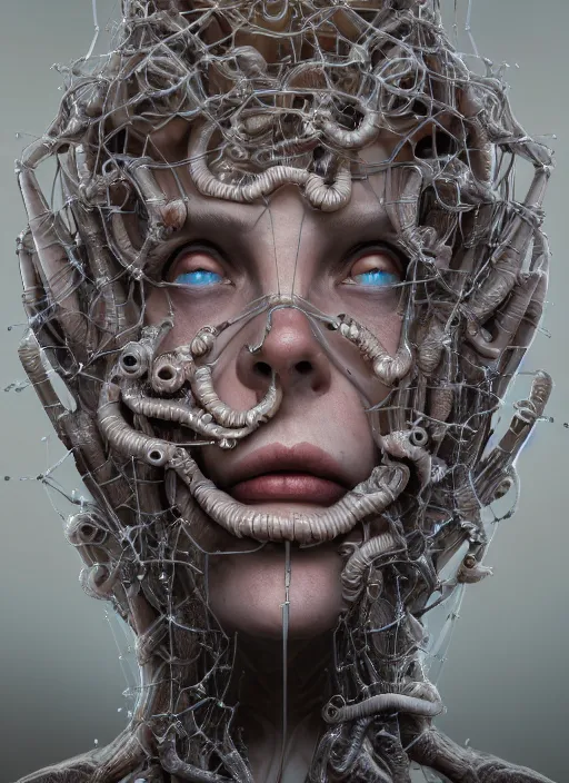 Image similar to highly detailed surreal vfx eldritch avante garde portrait of a 3 d non - euclidean hyperdimensional communications network, hyperrealistic, octane render, chiaroscuro, inspired by james jean, android jones, gerard brom, denis villeneuve, johannen voss, alphonse mucha, frostbite 3 engine