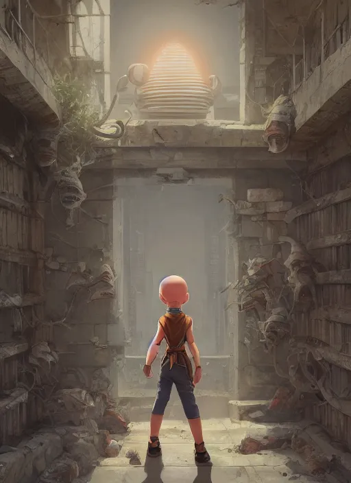 Image similar to highly detailed krillin standing outside prison art by greg rutkowski, loish, rhads, ferdinand knab, makoto shinkai and lois van baarle, ilya kuvshinov, rossdraws, tom bagshaw, global illumination, radiant light, detailed and intricate environment