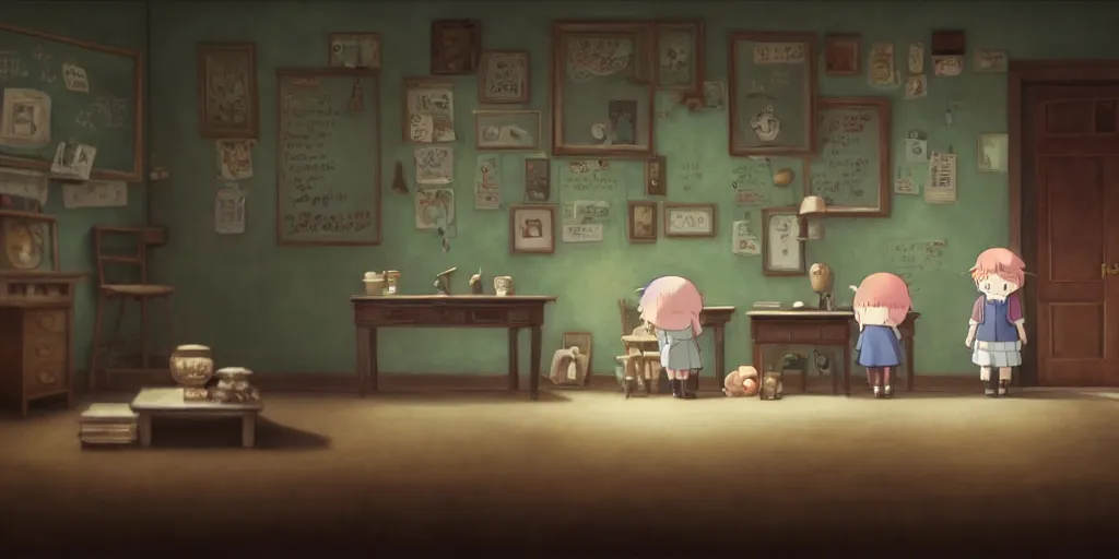 Prompt: a wholesome animation key shot of a blackboard full of notes like a detective case by studio ghibli, nicoletta ceccoli, mark ryden, lostfish, max fleischer, detailed and intricate environment, bloom, 8 k resolution, hyperrealistic, octane render, vivid colors, bright, cheerful, detailed and intricate environment