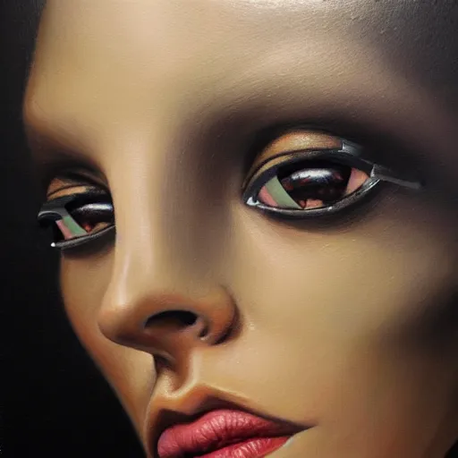 Image similar to cyborg fashion model close - up, hyperrealism oil painting, matte