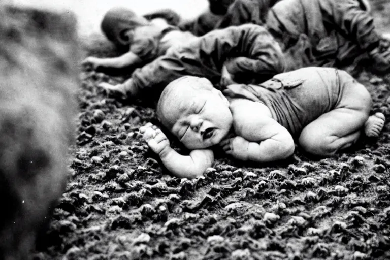 Prompt: newborn baby soldiers crawling, storming normandy, old world war 2 photo, film grain