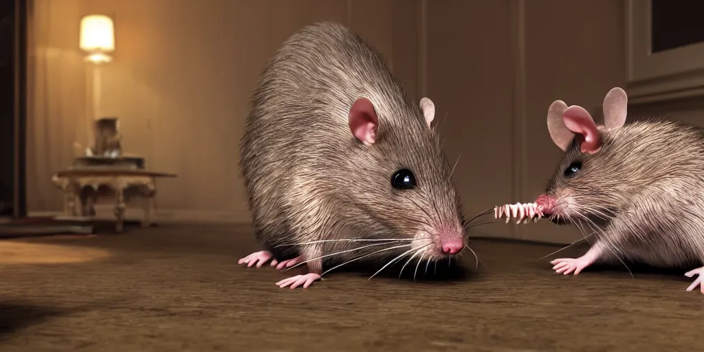 Prompt: a highly detailed photographic render of a human size rat eating a corpse in a living room, scary, gore, blood, rat man, horror sci-fi, horror science fiction, biology, horror, cinematic, cinematic horror, cinematic lighting, cinematic scene, cinematic render, film, horror film, beautifully lit, ray traced, octane 3D render, octane render, unreal engine