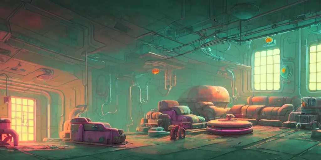 Prompt: sewer lair, detailed, artstation, 8 k, sci - fi, pastel colors, props, panel, concept, simon stalenhag, in watercolor gouache detailed paintings, moebius, blueprint, building, living room, detailed, posters, sofa