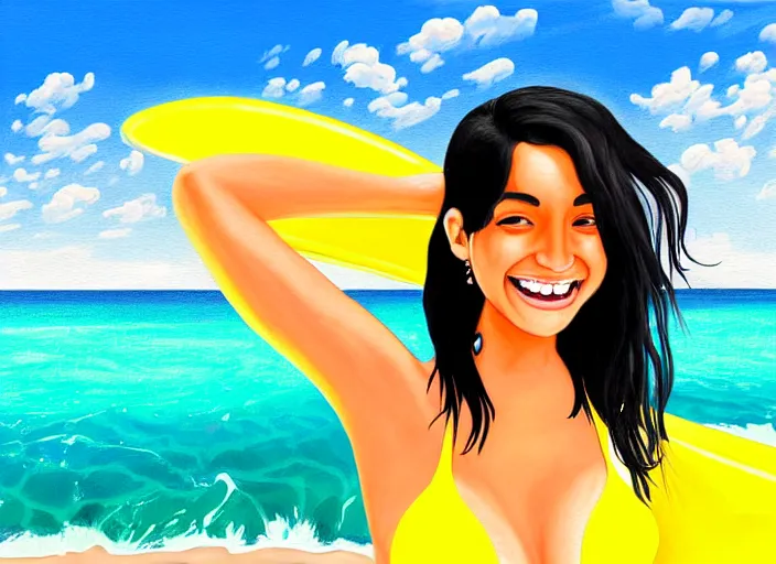 Prompt: a girl with black hair, with a very beautiful symmetrical face, a smile on her face, tanned skin, in a yellow bikini, against the background of a sea beach, in art style, high detail, digital painting
