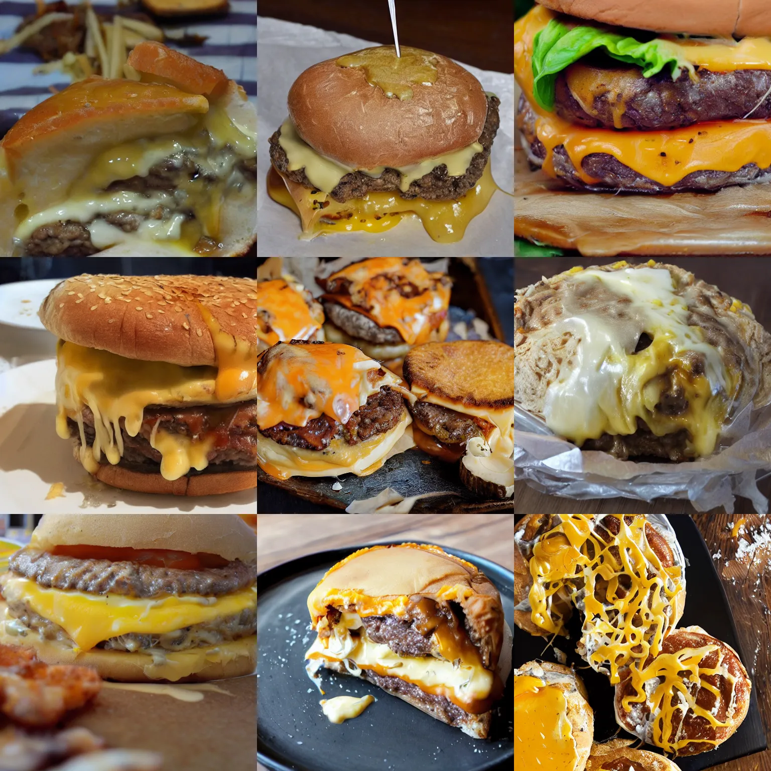 Image similar to cheeseburger with too much melted cheese, gooey cheese, overflowing cheese, cheese everywhere, puddle of cheese