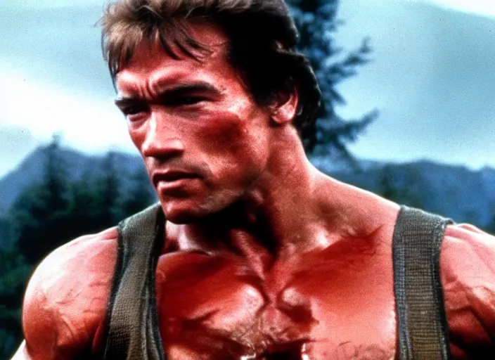 Prompt: arnold schwarzenegger in a still from the movie Rambo (1982)
