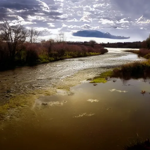 Prompt: landscape, river made of hot tea