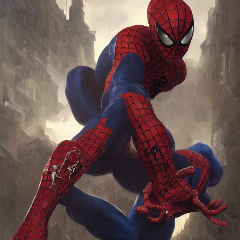 Image similar to portrait of spiderman, D&D, fantasy, highly detailed, digital painting, artstation, smooth, sharp focus, illustration, art by artgerm and greg rutkowski and alphonse mucha