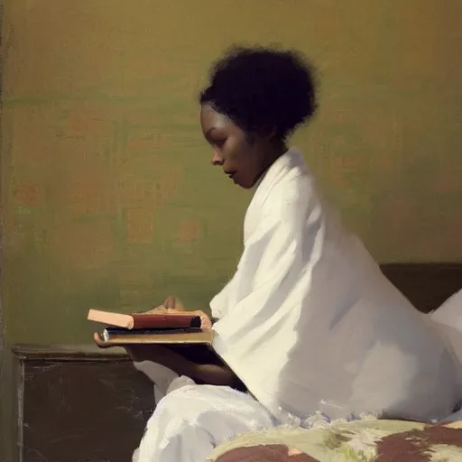 Image similar to girl with afro with a comb in it, in kimono, backview, sitting on edge of bed, reading a book, by jeremy lipking, tim rees, joseph todorovitch