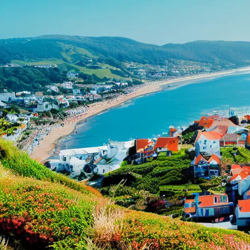 Image similar to down angled view of an seaside town, ocean, town, beach, hills