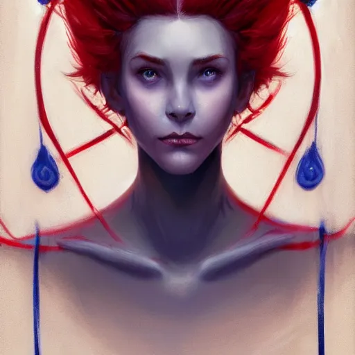 Image similar to A detailed matte oil on canvas head on symmetrical portrait of a distinguished elven woman with red and blue hair on an empty background, by Charlie bowater, Wlop, trending on artstationhd, dungeons and dragons art, parted hair , half blue, half red , split dye, critical role