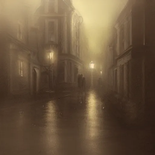 Image similar to victorian city, dark, misty, at night, 8 k, detailed, concept art, trending on artstation