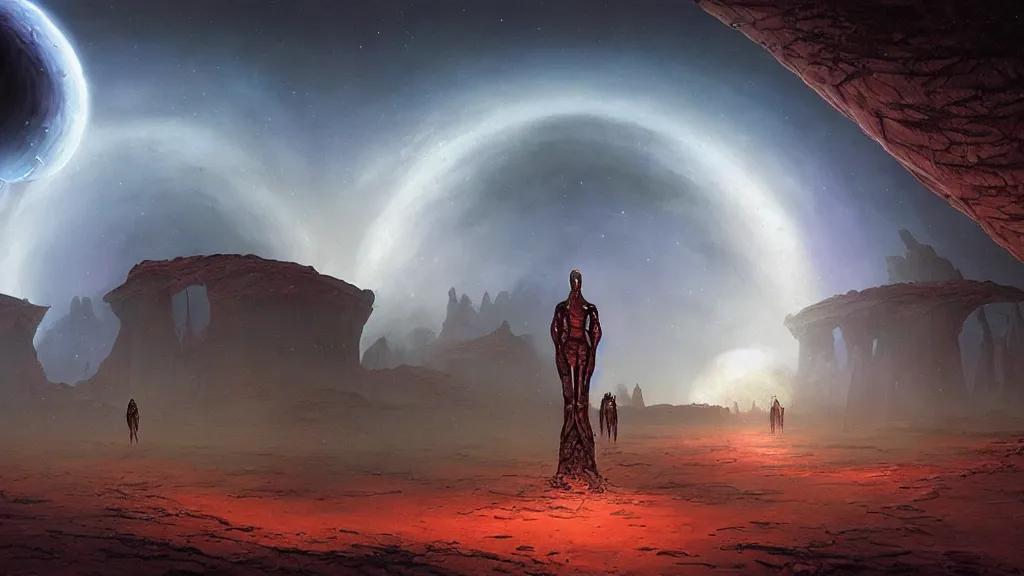 Prompt: eerie atmospheric alien worlds by michael whelan and stephan martiniere, cinematic matte painting