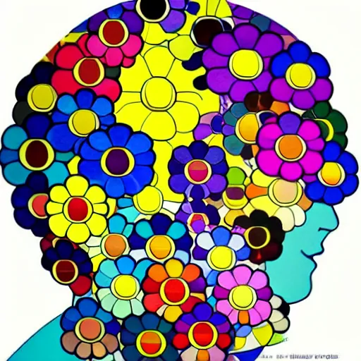 Image similar to silhouette of head exploding into flowers, bright colors, Takashi Murakami, Minimalist,