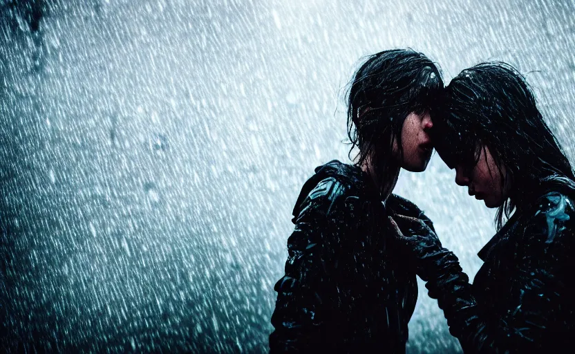 Image similar to cinestill 5 0 d candid photographic portrait by christopher nolan of two loving female androids sobbing wearing rugged black mesh techwear in treacherous waters, extreme closeup, modern cyberpunk moody emotional cinematic, pouring rain menacing lights shadows, 8 k, hd, high resolution, 3 5 mm, f / 3 2, ultra realistic faces, ex machina