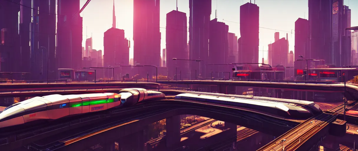 Prompt: futuristic city center with maglev train on bridge in background, modern landscape architectural design, industrialpunk blocky concrete and glass, maroon metallic accents, gorgeous lighting, golden hour, cyberpunk 2077, dramatic lighting and composition, photography, 8k, star citizen