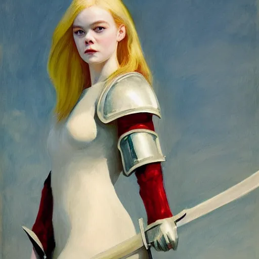 Prompt: Painting of Elle Fanning in knight armor with a flaming sword, long blonde hair, delicate, pale milky white porcelain skin, by Edward Hopper. 8K. Extremely detailed.