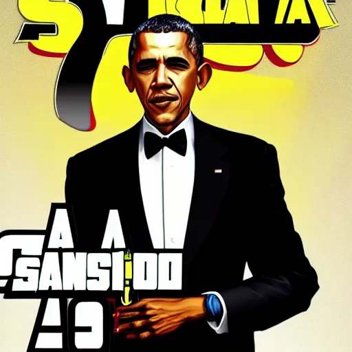 Prompt: Barack Obama Gangster wearing a Tuxedo on the cover of gta San Andreas