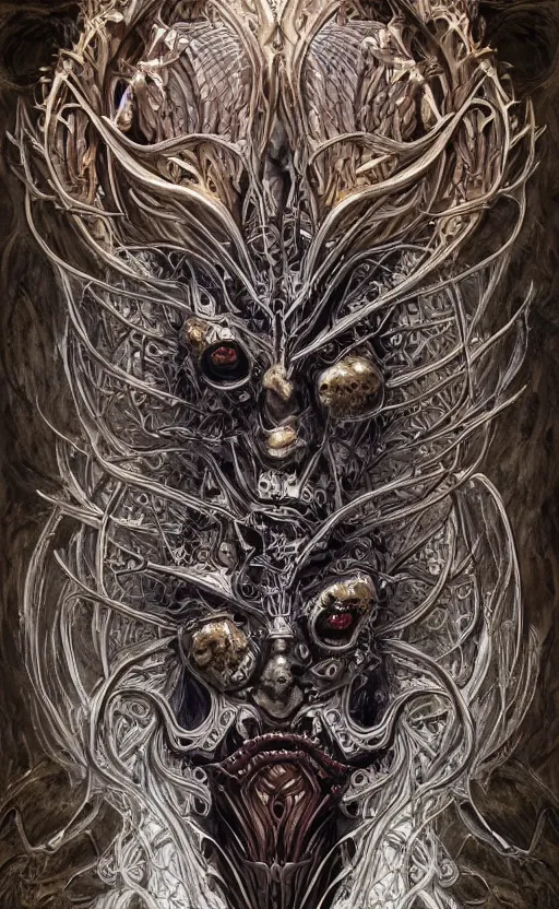 Image similar to Elden Ring themed painting of hybrid majestic aztec warrior fantasy biomechanical human beautiful immortal angel symmetrical face angry mask closeup face breathing mask tattoo pattern golden ratio concept, deep forest psytrance Neo-Gothic concept, infinity glyph waves, intricate artwork masterpiece, very coherent artwork, cinematic, full frontal facial features by Artgerm, Takato Yamamoto, Zdizslaw Beksinski, Johnatan Wayshak, Moebius, Ayami Kojima, very coherent artwork, trending on cgsociety, ultra high quality model, production quality cinema model, high detail chromatic ink outline, octane render, unreal engine 8k, hyper realism, high detail, octane render, unreal engine, 8k, High contrast