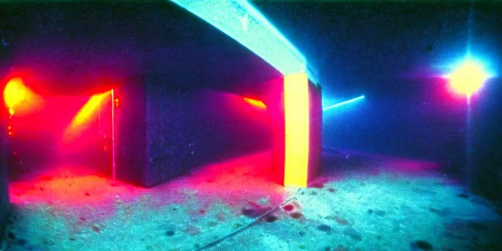 Prompt: 1 9 7 0 s underwater footage of a portal at the end of a tokyo alley, non - euclidean, neon lights, ektachrome photograph, volumetric lighting