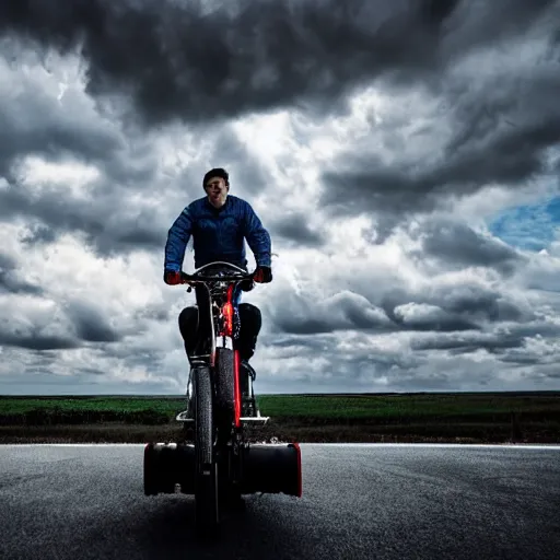 Image similar to 4 k hdr full body wide angle sony portrait of ron desantis riding on top of a flying nuclear missile with moody stormy overcast lighting