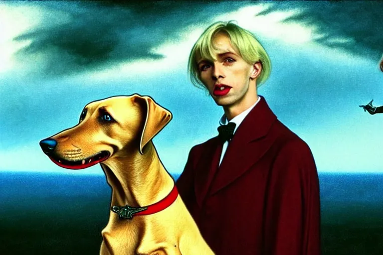 Image similar to realistic detailed closeup portrait movie shot of an elegant blond male vampire with a doberman on a leash, sci fi landscape background by denis villeneuve, amano, yves tanguy, alphonse mucha, max ernst, edward robert hughes, roger dean, rich moody colours, dog teeth, blue eyes