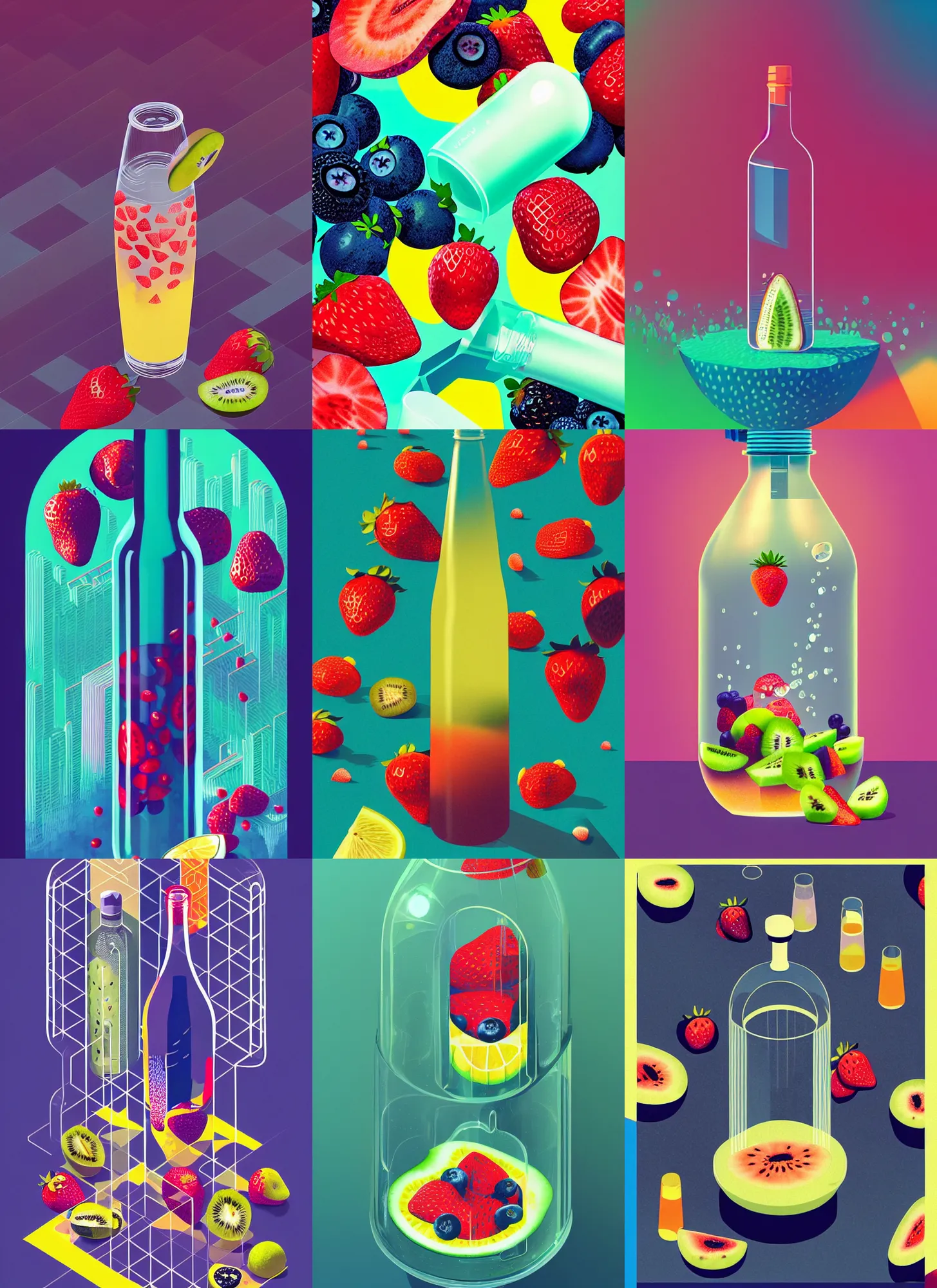 Prompt: ( ( dither ) ), editorial illustration strawberries blueberries sliced kiwi sliced lemon inside a clear drinking bottle, isometric, modern art deco, ( ( mads berg ) ), christopher balaskas, victo ngai, detailed, dynamic composition, wide angle, matte print, unreal engine, film grain