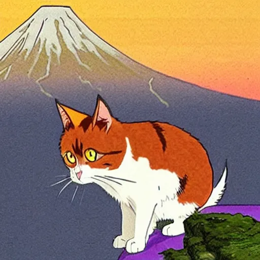 Image similar to a calico cat walking up mount fuji in the style of studio ghibli